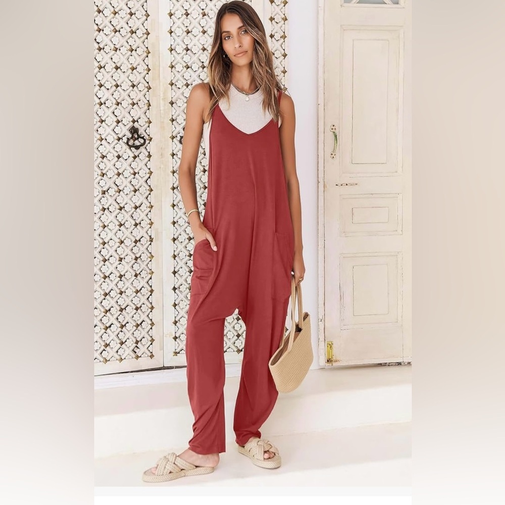 Loose Jumpsuit Spaghetti Strap Casual Long Pants with Pockets Mauve | Size S